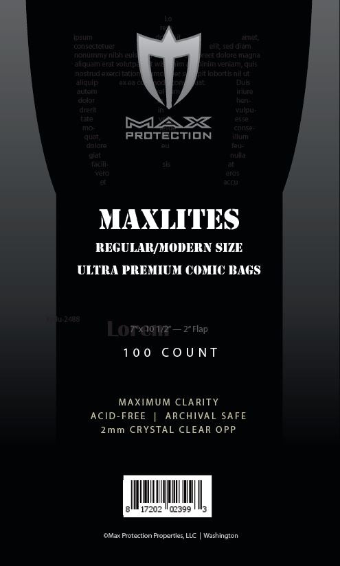 100ct Pack Maxlites 2 Regular / Modern Comic Bags - 7x10 - 1/2" - Columbia Hobby - Sports Card Boxes - Toploaders - Card Savers