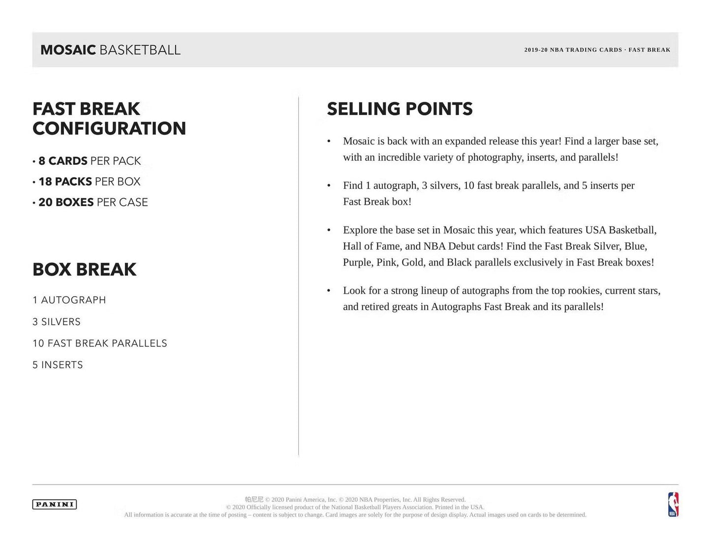 2019 - 20 Panini Mosaic Basketball Fast Break Box - Columbia Hobby - Sports Card Boxes - Toploaders - Card Savers