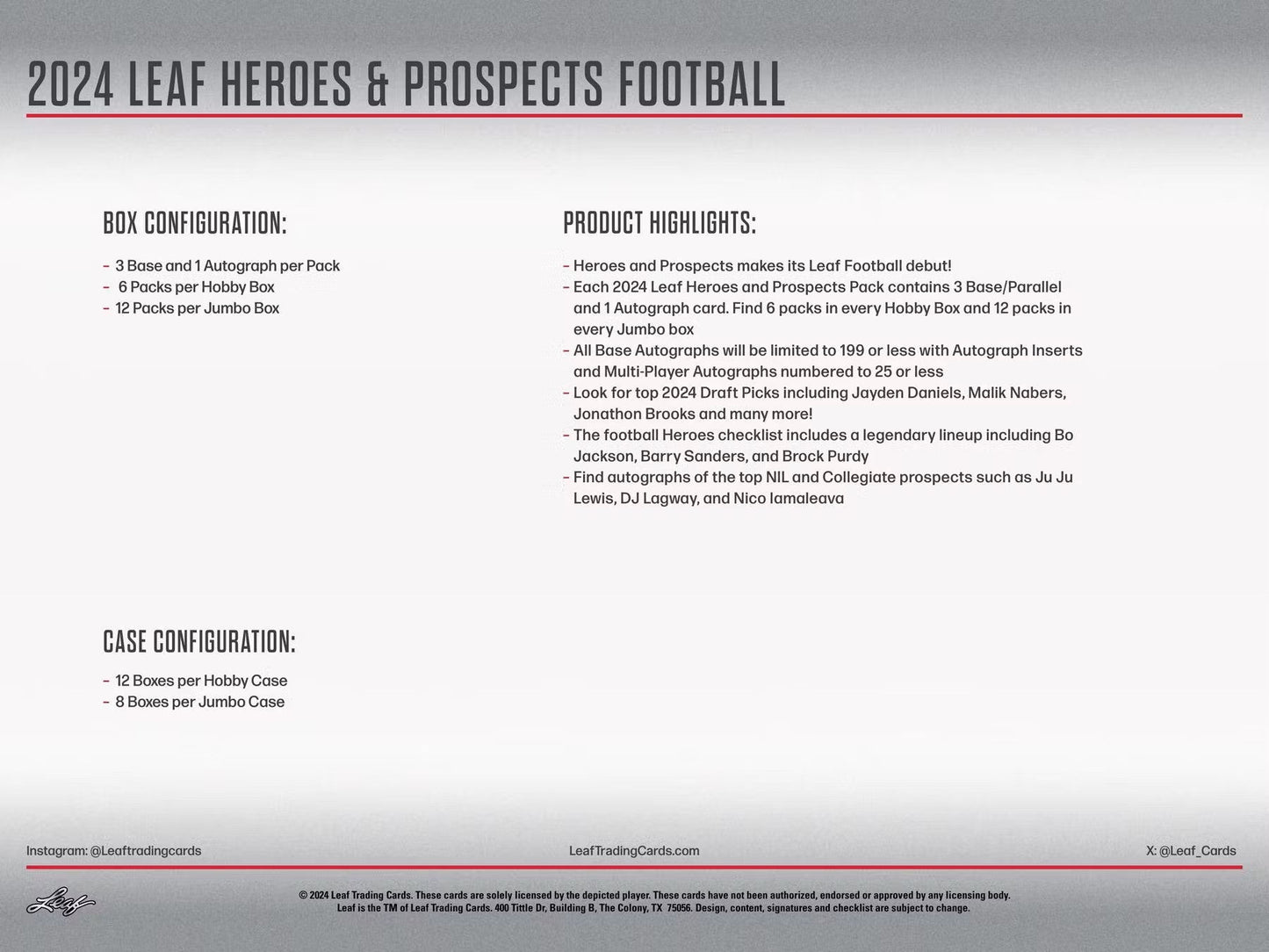 2024 Leaf Heroes & Prospects Football Hobby Box - Columbia Hobby - Sports Card Boxes - Toploaders - Card Savers