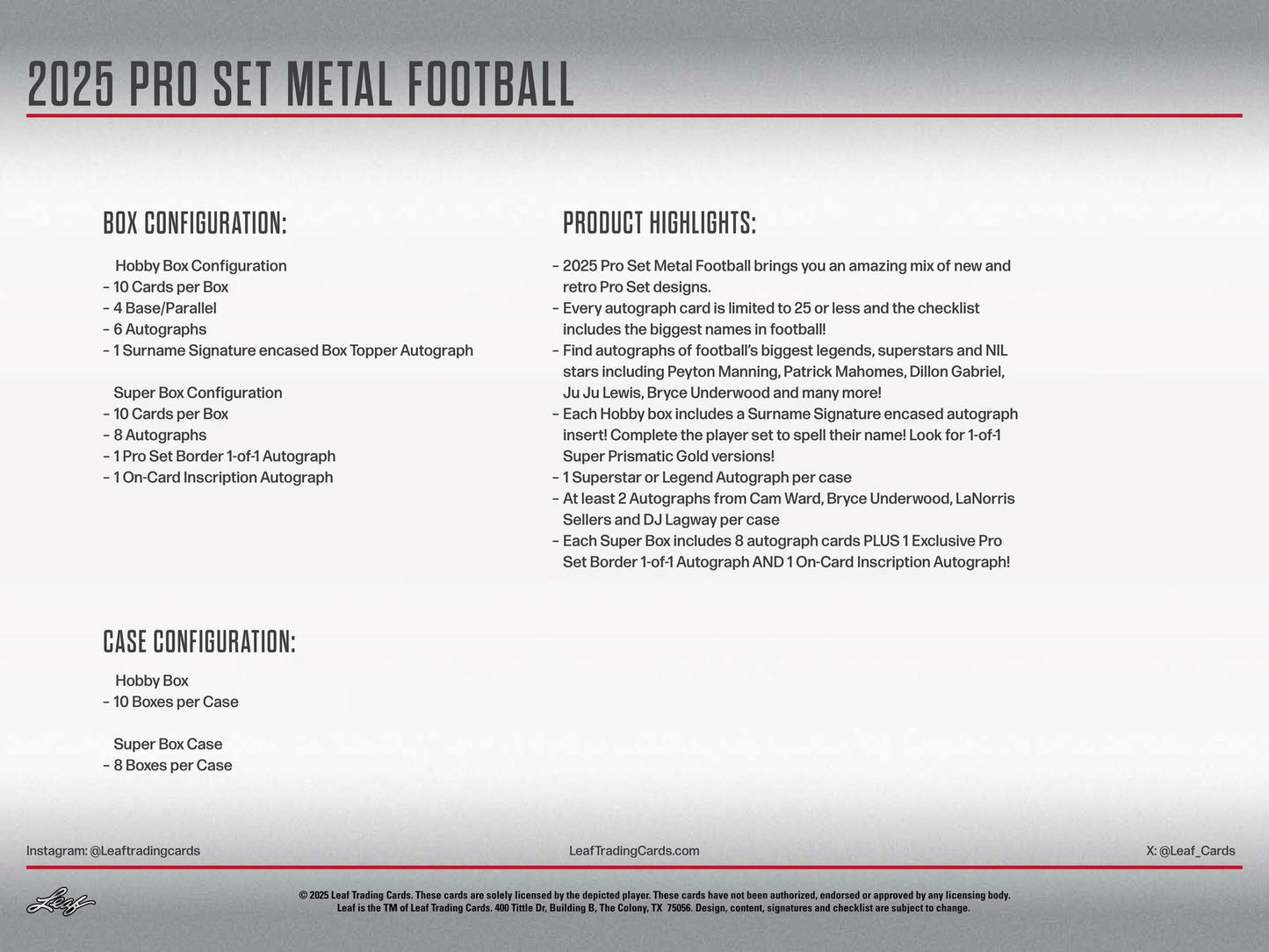 2025 Leaf Pro Set Metal Football Hobby Box - Columbia Hobby - Sports Card Boxes - Toploaders - Card Savers