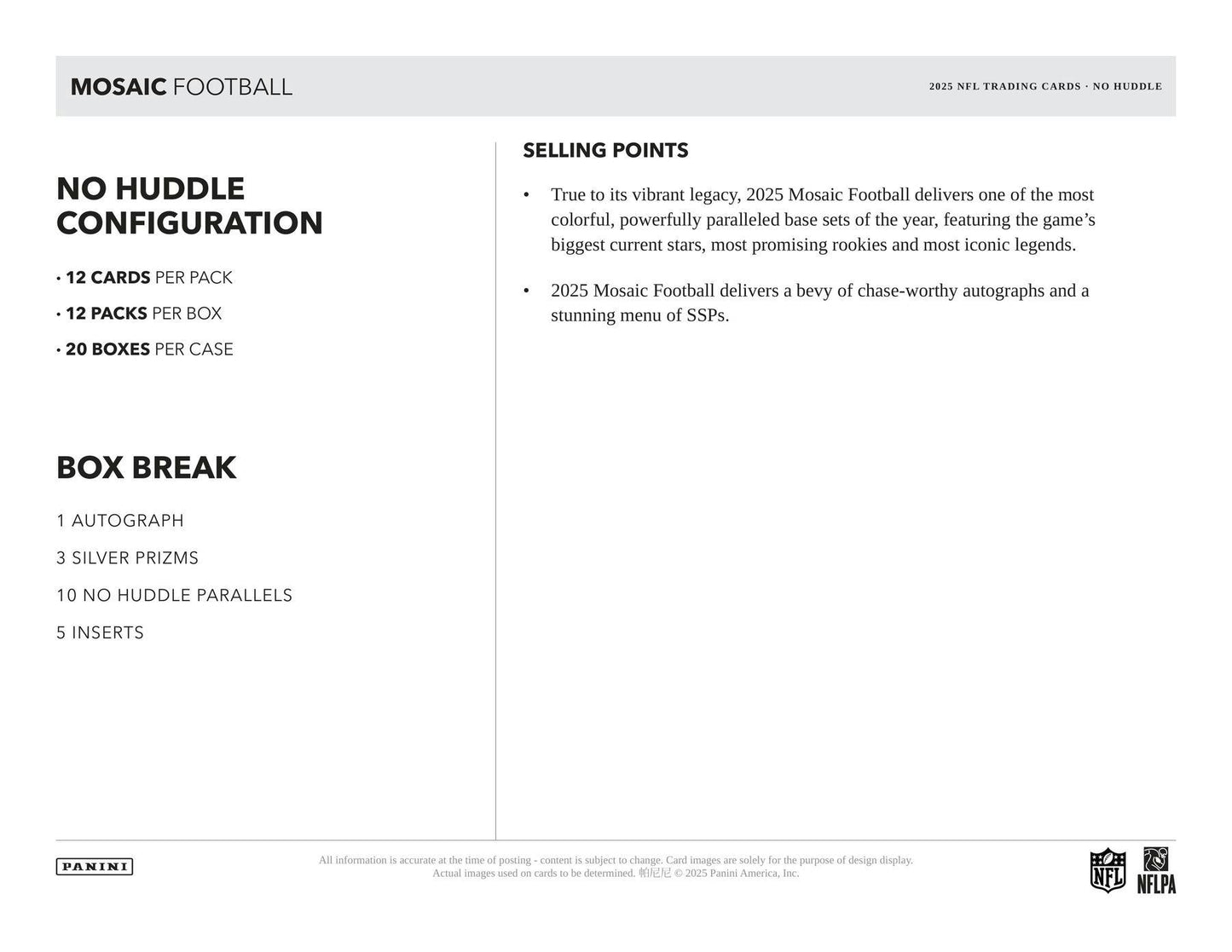 2025 Panini Mosaic Football No Huddle Box | Columbia Sports Cards - Columbia Hobby - Sports Card Boxes - Toploaders - Card Savers