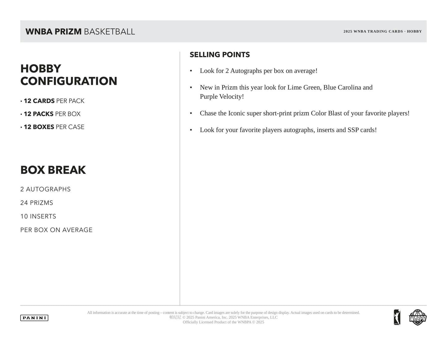 2025 Panini Prizm WNBA Basketball Hobby Box | Columbia Sports Cards - Columbia Hobby - Sports Card Boxes - Toploaders - Card Savers