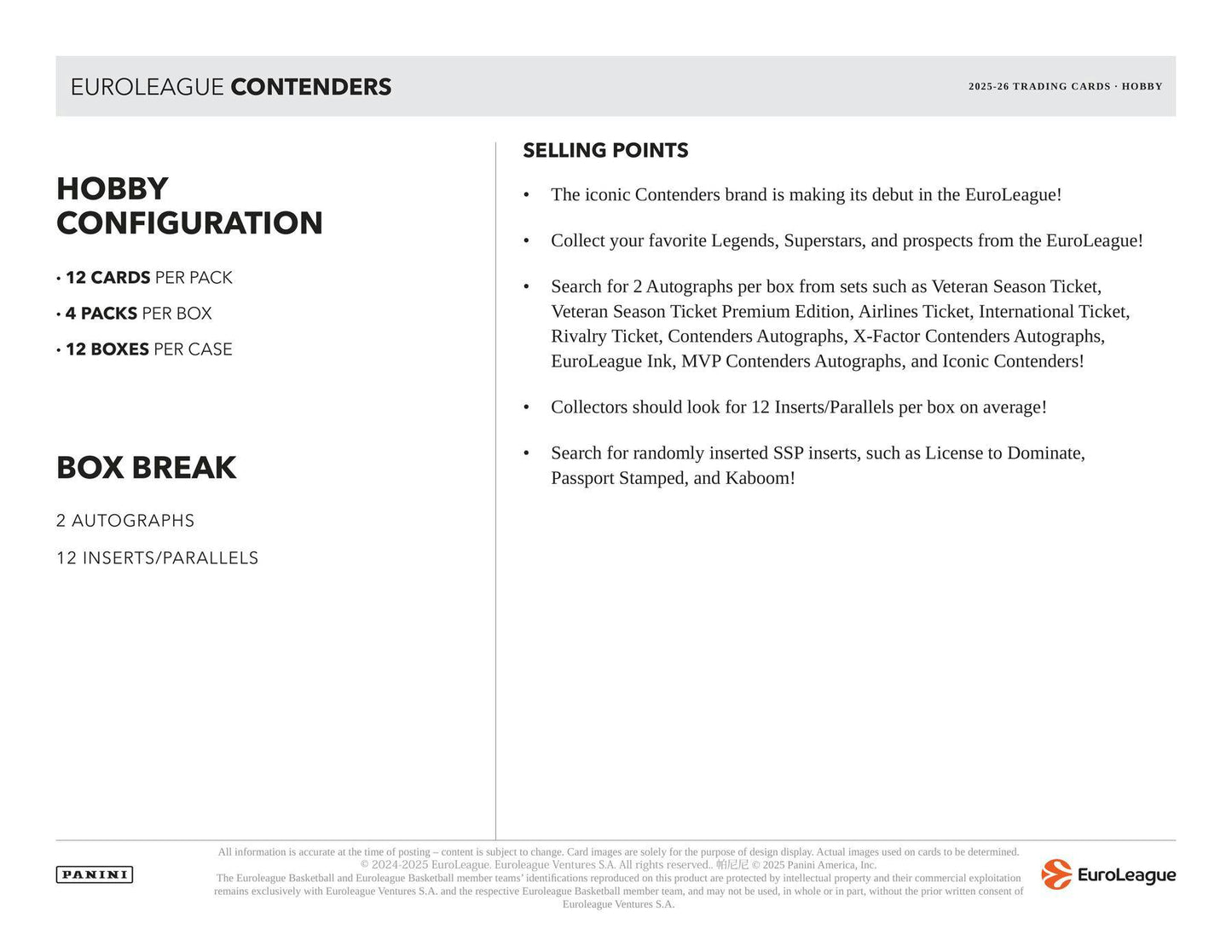 2025/26 Panini Contenders EuroLeague Basketball Hobby Box | Columbia Sports Cards - Columbia Hobby - Sports Card Boxes - Toploaders - Card Savers