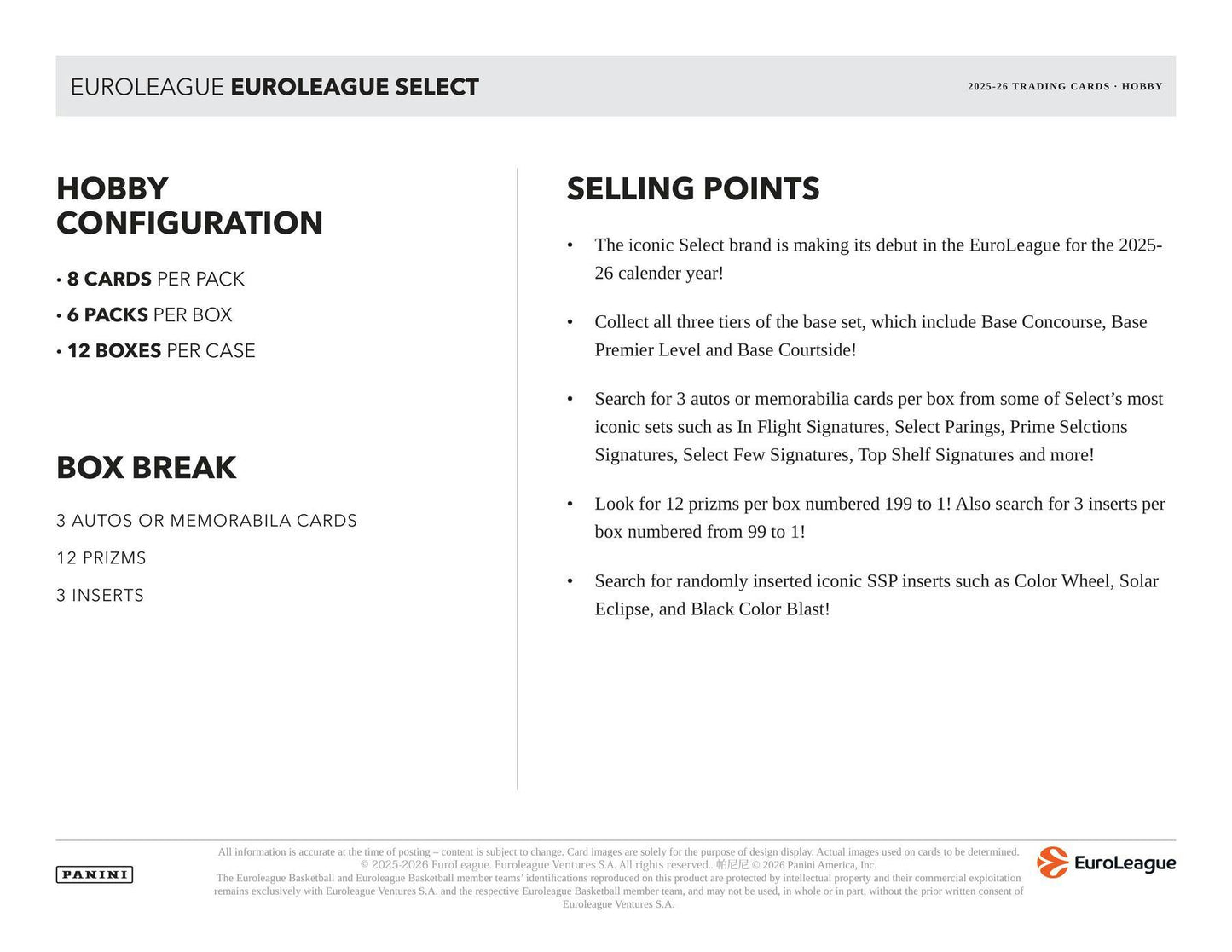 2025/26 Panini Select EuroLeague Basketball Hobby Box | Columbia Sports Cards - Columbia Hobby - Sports Card Boxes - Toploaders - Card Savers
