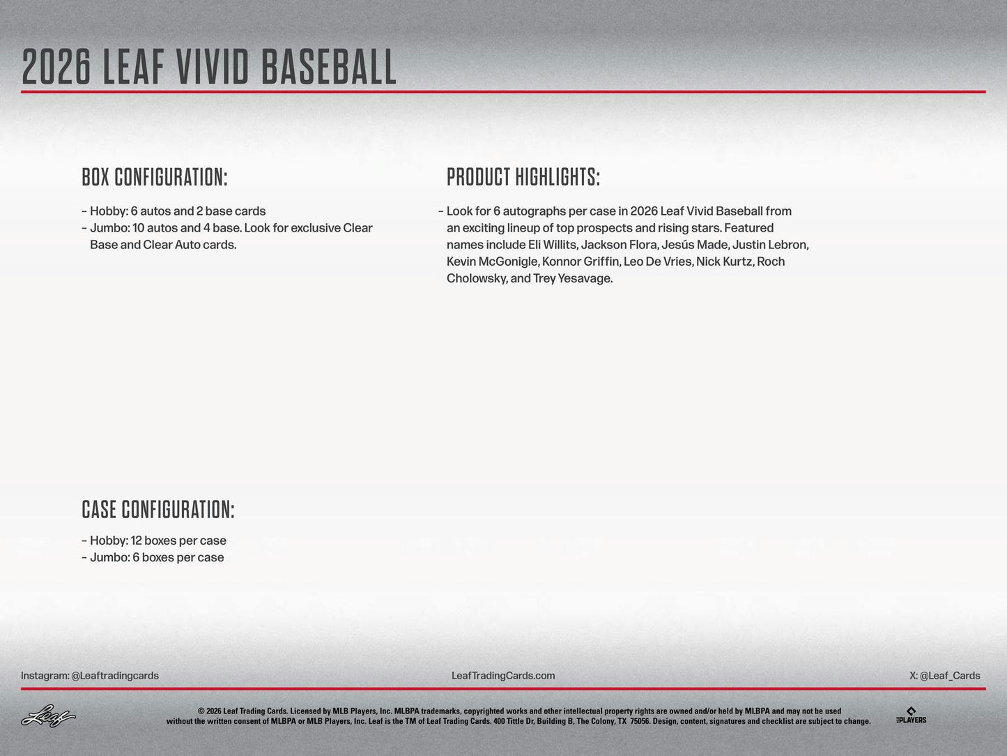 2026 Leaf Vivid Baseball Hobby Box | Columbia Sports Cards - Columbia Sports Cards