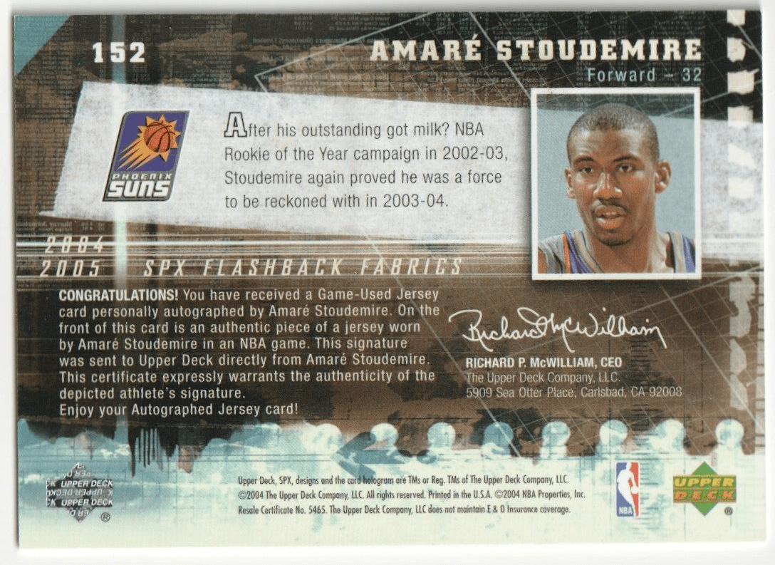 AMARE STOUDEMIRE 2004 - 05 Upper Deck SPx Autograph Auto Jersey - SUNS - Columbia Hobby - Sports Card Boxes - Toploaders - Card Savers