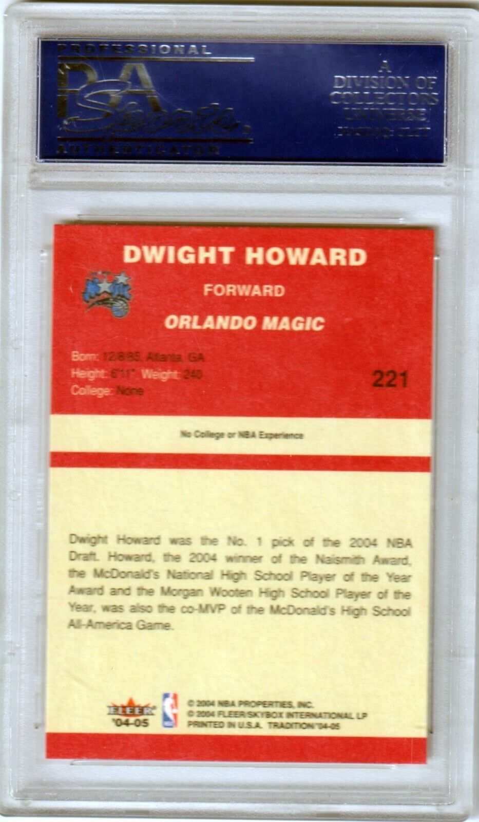 DWIGHT HOWARD 2004 - 05 Fleer Tradition RC Rookie Red #221 PSA 10 GEM MINT - MAGIC - Columbia Hobby - Sports Card Boxes - Toploaders - Card Savers