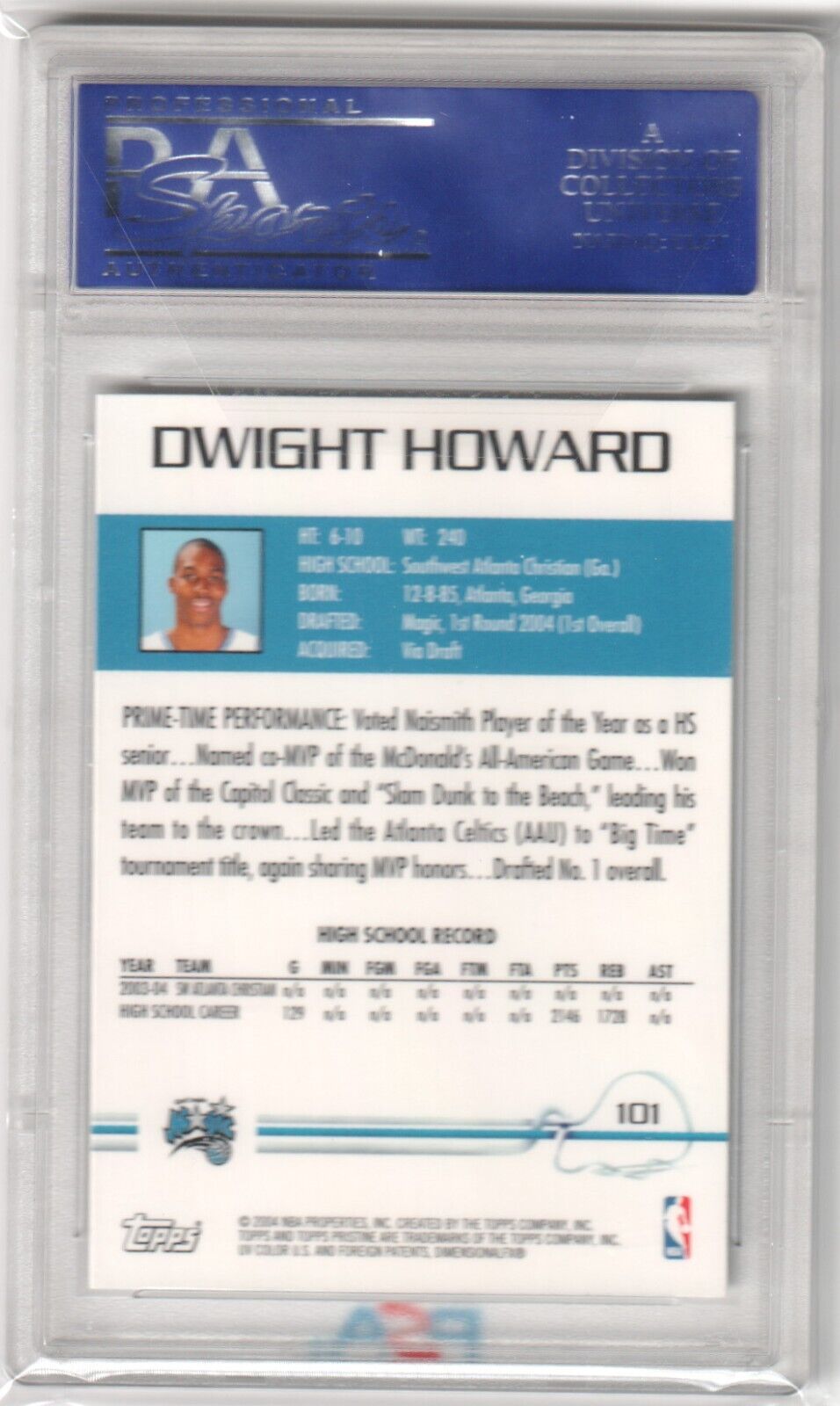 DWIGHT HOWARD 2004 - 05 Topps Pristine Rookie RC #101 PSA 10 GEM MINT - MAGIC - Columbia Hobby - Sports Card Boxes - Toploaders - Card Savers