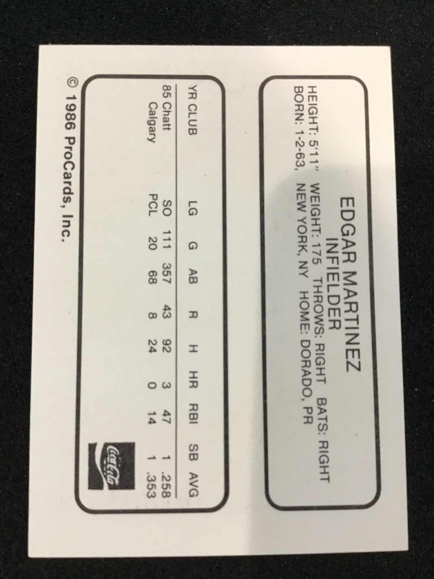 Edgar Martinez 1986 ProCards Chattanooga Lookouts 17 - Chattanooga Lookouts - Columbia Hobby - Sports Card Boxes - Toploaders - Card Savers