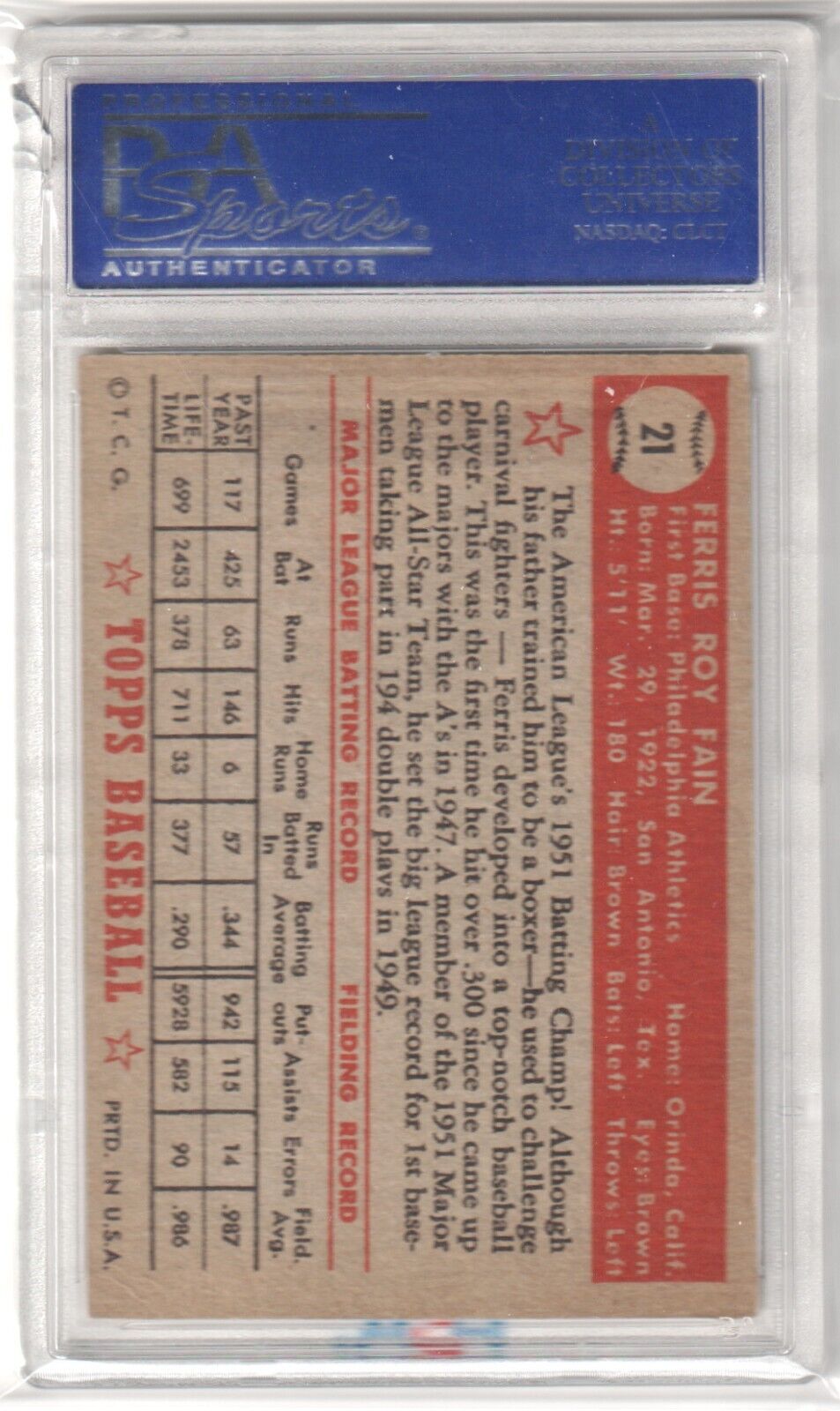 FERRIS FAIN 1952 Topps #21 PSA 5 EX - ATHLETICS - Columbia Hobby - Sports Card Boxes - Toploaders - Card Savers