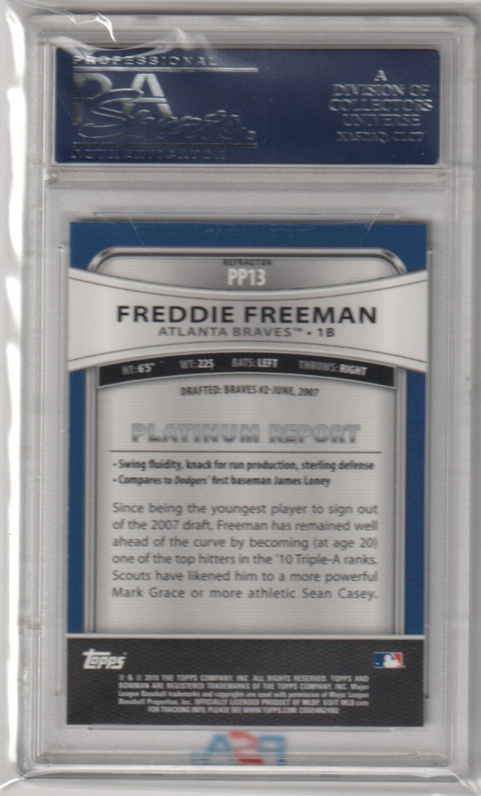 FREDDIE FREEMAN 2010 Bowman Platinum Purple Refractor RC Rookie PSA 10 GEM MINT - Columbia Hobby - Sports Card Boxes - Toploaders - Card Savers