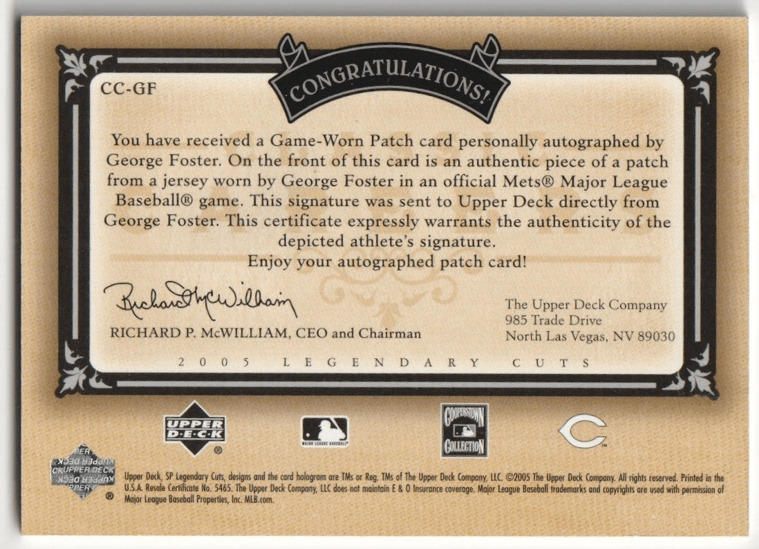 GEORGE FOSTER 2005 Upper Deck SP Legendary Cuts Autograph Auto Jersey #1/5 REDS - Columbia Hobby - Sports Card Boxes - Toploaders - Card Savers