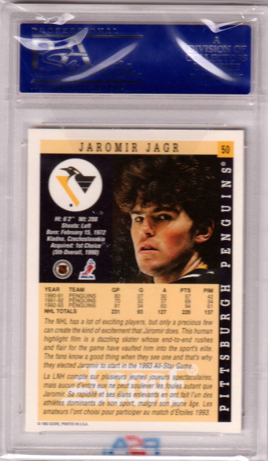 JAROMIR JAGR 1993 Score #50 PSA 10 GEM MINT - PENGUINS POP 8 - Columbia Hobby - Sports Card Boxes - Toploaders - Card Savers