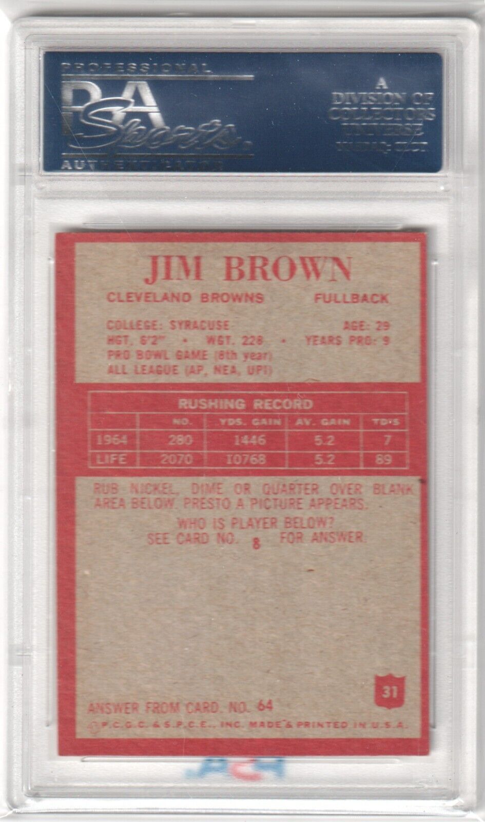 JIM BROWN 1965 Philadelphia #41 PSA 7 NM - BROWNS - Columbia Hobby - Sports Card Boxes - Toploaders - Card Savers