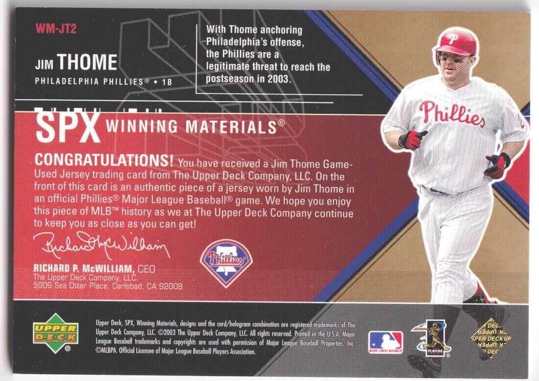 JIM THOME 2003 Upper Deck SPx Winning Materials Game Jersey Red #/50 PHILLIES - Columbia Hobby - Sports Card Boxes - Toploaders - Card Savers