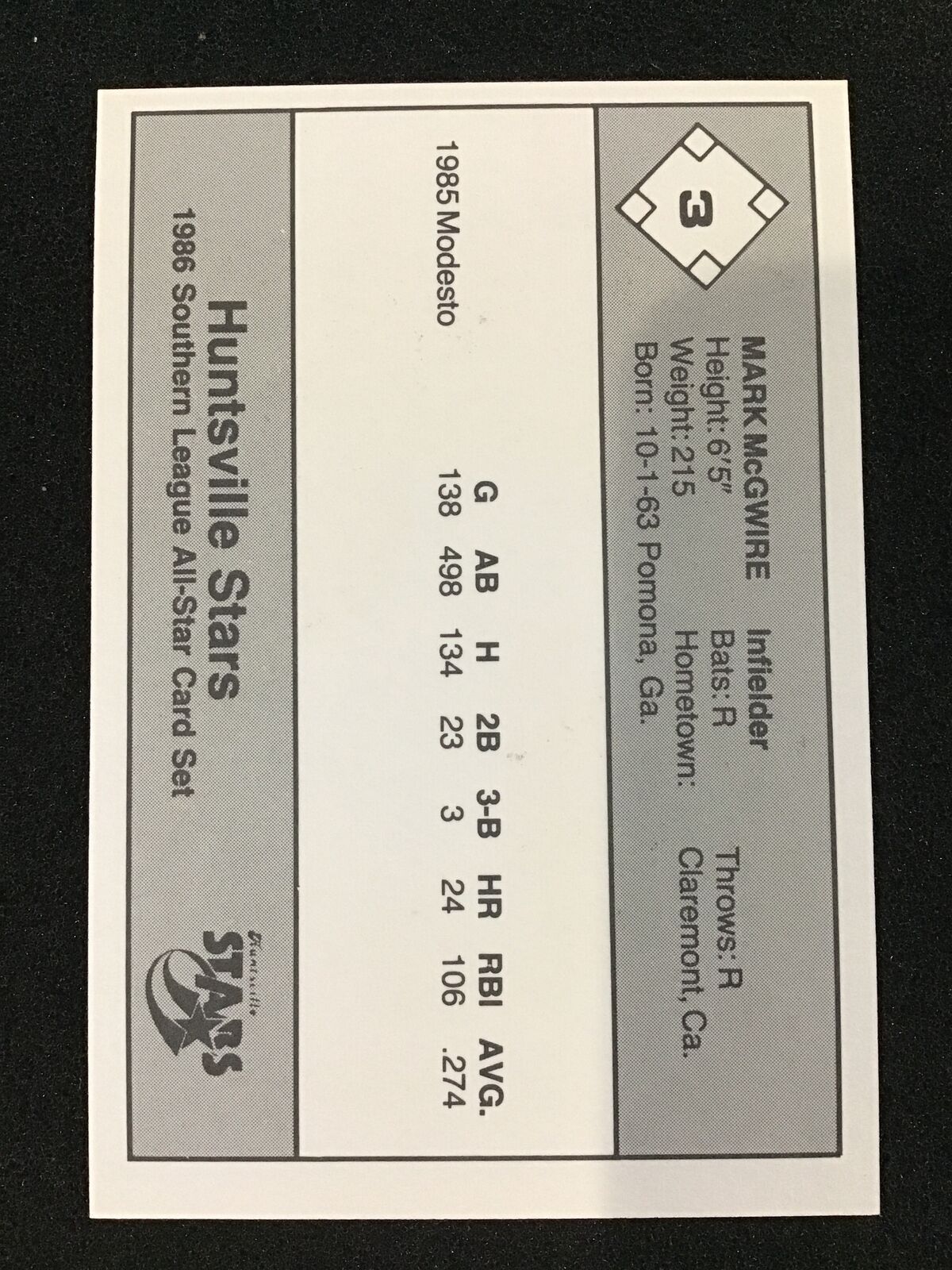 Mark McGwire 1986 Don Jennings Southern All - Stars 3 Huntsville Stars - Columbia Hobby - Sports Card Boxes - Toploaders - Card Savers