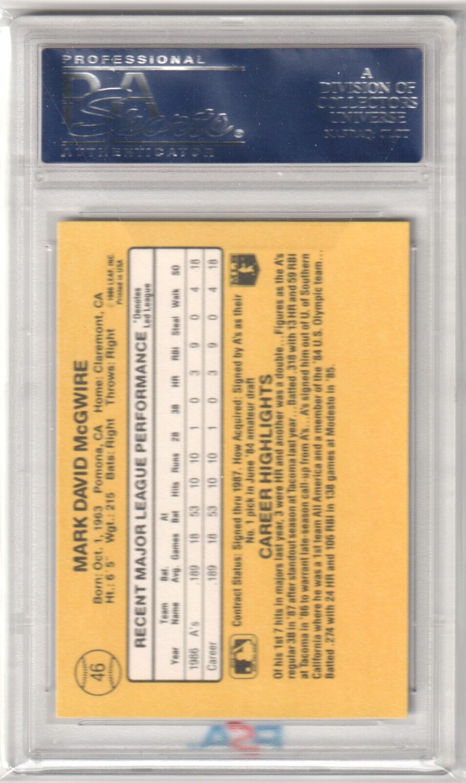 MARK McGWIRE 1987 Donruss Rookie RC #46 PSA 10 GEM MINT - ATHLETICS - Columbia Hobby - Sports Card Boxes - Toploaders - Card Savers