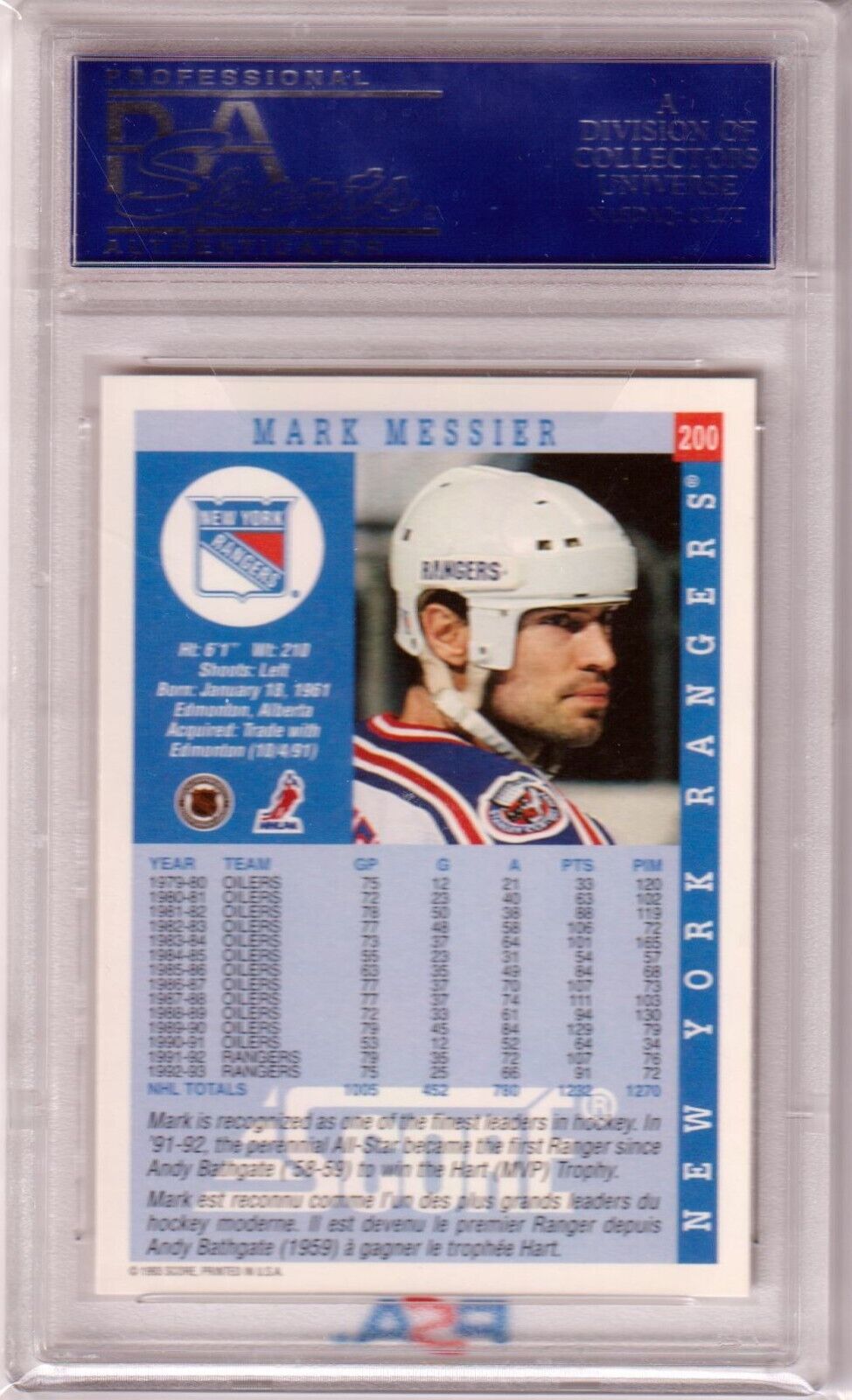MARK MESSIER 1993 Score #200 PSA 10 GEM MINT - RANGERS POP 6 - Columbia Hobby - Sports Card Boxes - Toploaders - Card Savers