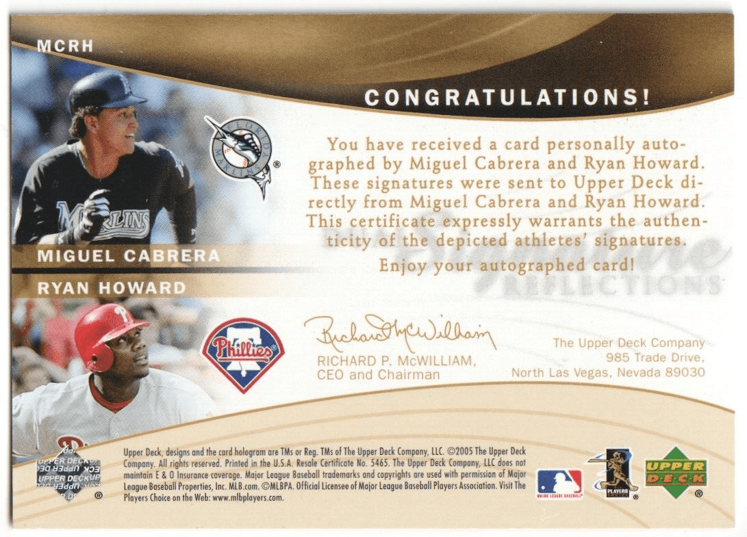 MIGUEL CABRERA - RYAN HOWARD 2005 Upper Deck Reflections Dual Autograph Auto - Columbia Hobby - Sports Card Boxes - Toploaders - Card Savers