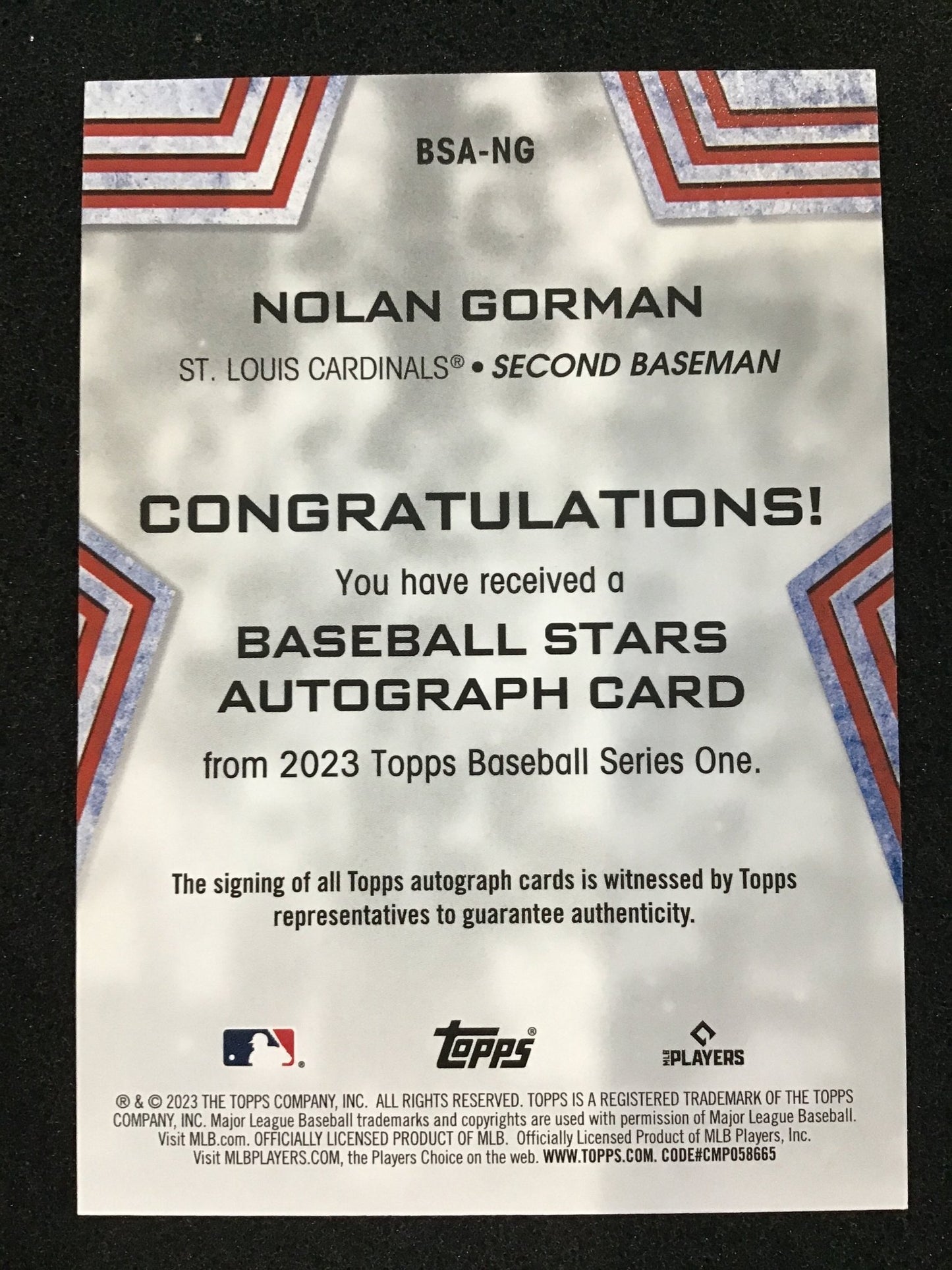 Nolan Gorman 2023 Topps Series 1 RC Baseball Stars Auto BSA - NG Cardinals - Columbia Hobby - Sports Card Boxes - Toploaders - Card Savers
