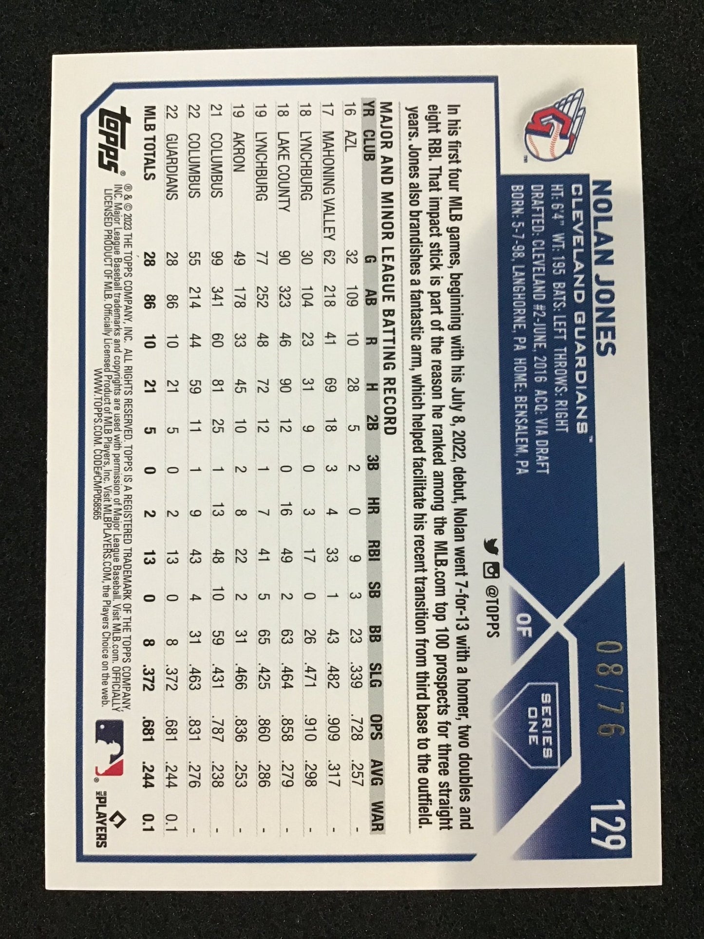 Nolan Jones 2023 Topps 129 Star Border RC Rookie - Cleveland Guardians - Columbia Hobby - Sports Card Boxes - Toploaders - Card Savers