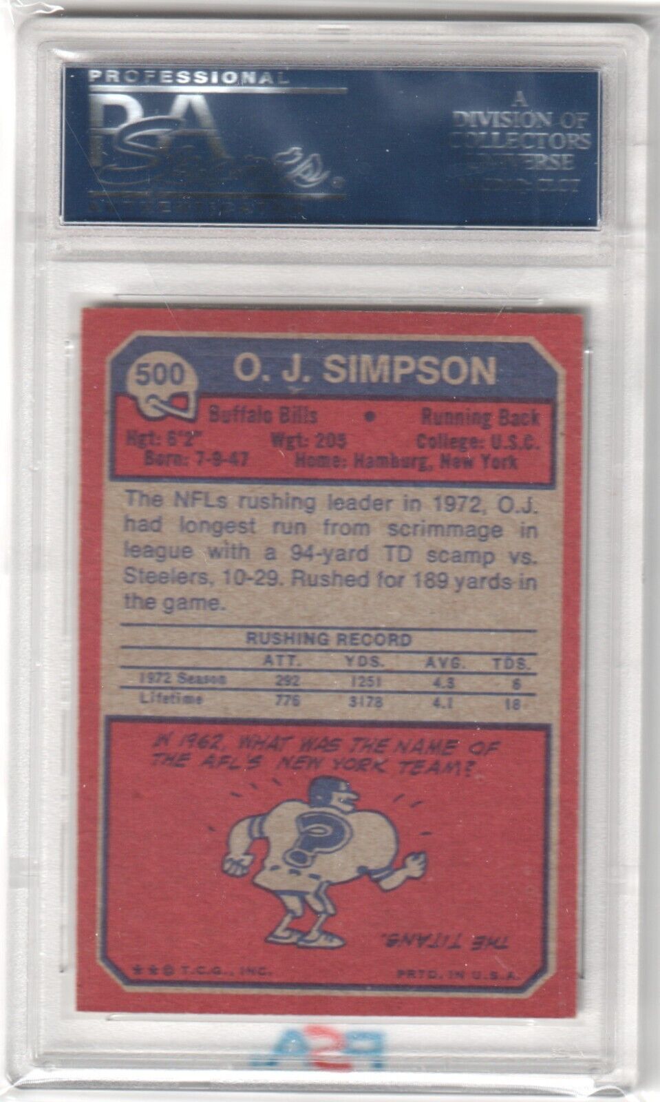 O.J. SIMPSON 1973 Topps #500 PSA 8 NM - MT - BILLS - Columbia Hobby - Sports Card Boxes - Toploaders - Card Savers