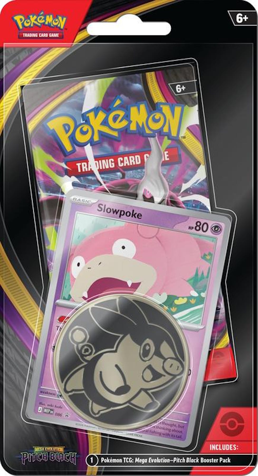 Pokémon TCG Mega Evolution Pitch Black Checklane Blister featuring one booster pack, one foil promo card, and one Pokémon coin.
Back of the Pokémon TCG Mega Evolution Pitch Black Checklane Blister showing product information and contents.
Pokémon TCG Mega Evolution Pitch Black booster pack included in the Checklane Blister.
Pokémon TCG Mega Evolution Pitch Black Checklane Blister retail packaging.