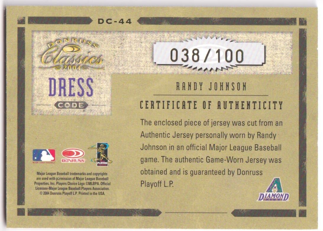 RANDY JOHNSON 2004 Donruss Classics Dual Game Used Jersey SP #/100 DIAMONDBACKS - Columbia Hobby - Sports Card Boxes - Toploaders - Card Savers