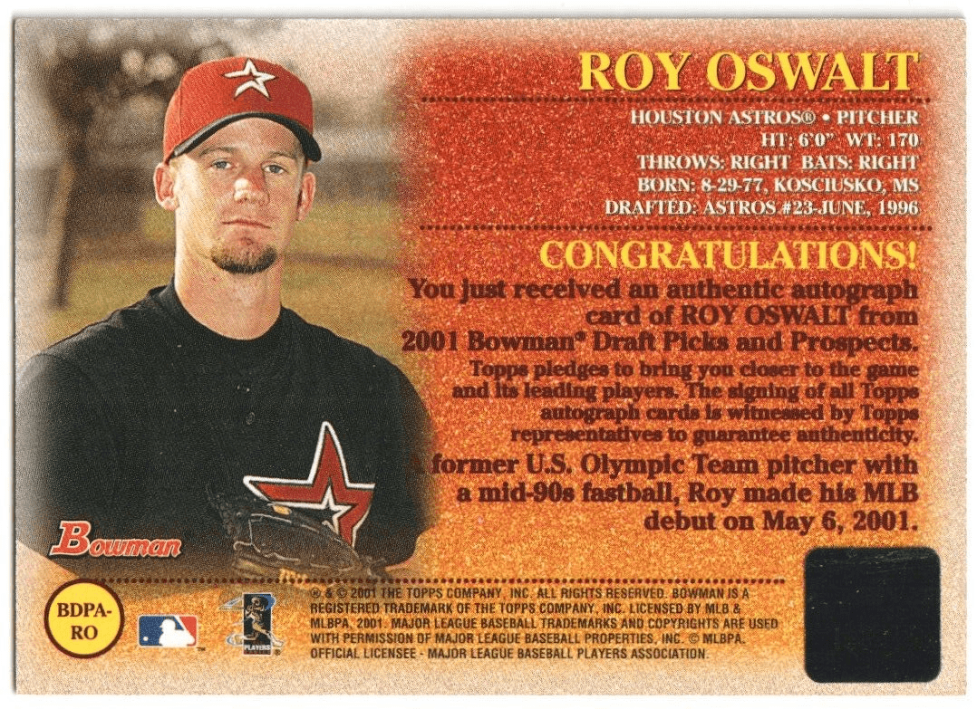 ROY OSWALT 2001 Bowman Draft Picks & Prospects Autograph Auto - ASTROS - Columbia Hobby - Sports Card Boxes - Toploaders - Card Savers