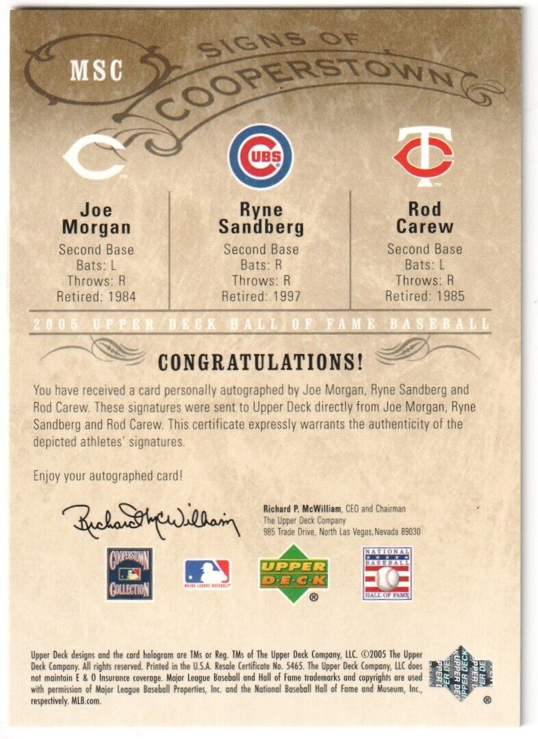 RYNE SANDBERG JOE MORGAN ROD CAREW 2005 Upper Deck Signs Autograph Auto #/5 - Columbia Hobby - Sports Card Boxes - Toploaders - Card Savers