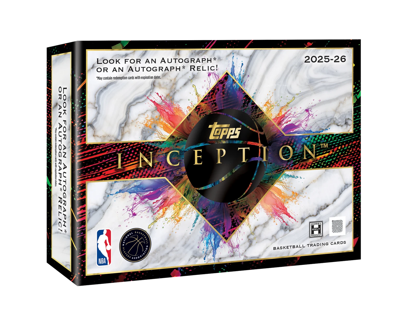 2025/26 Topps Inception Basketball Hobby Box featuring one autograph or autograph relic and premium rookie cards.
Back of the 2025/26 Topps Inception Basketball Hobby Box showing product details and box configuration.
2025/26 Topps Inception Basketball hobby pack featuring premium NBA trading cards.
2025/26 Topps Inception Basketball promotional sell sheet highlighting Rookie Autographs, Silver Signings, NBA First Milestone Relics, and premium autograph relics.