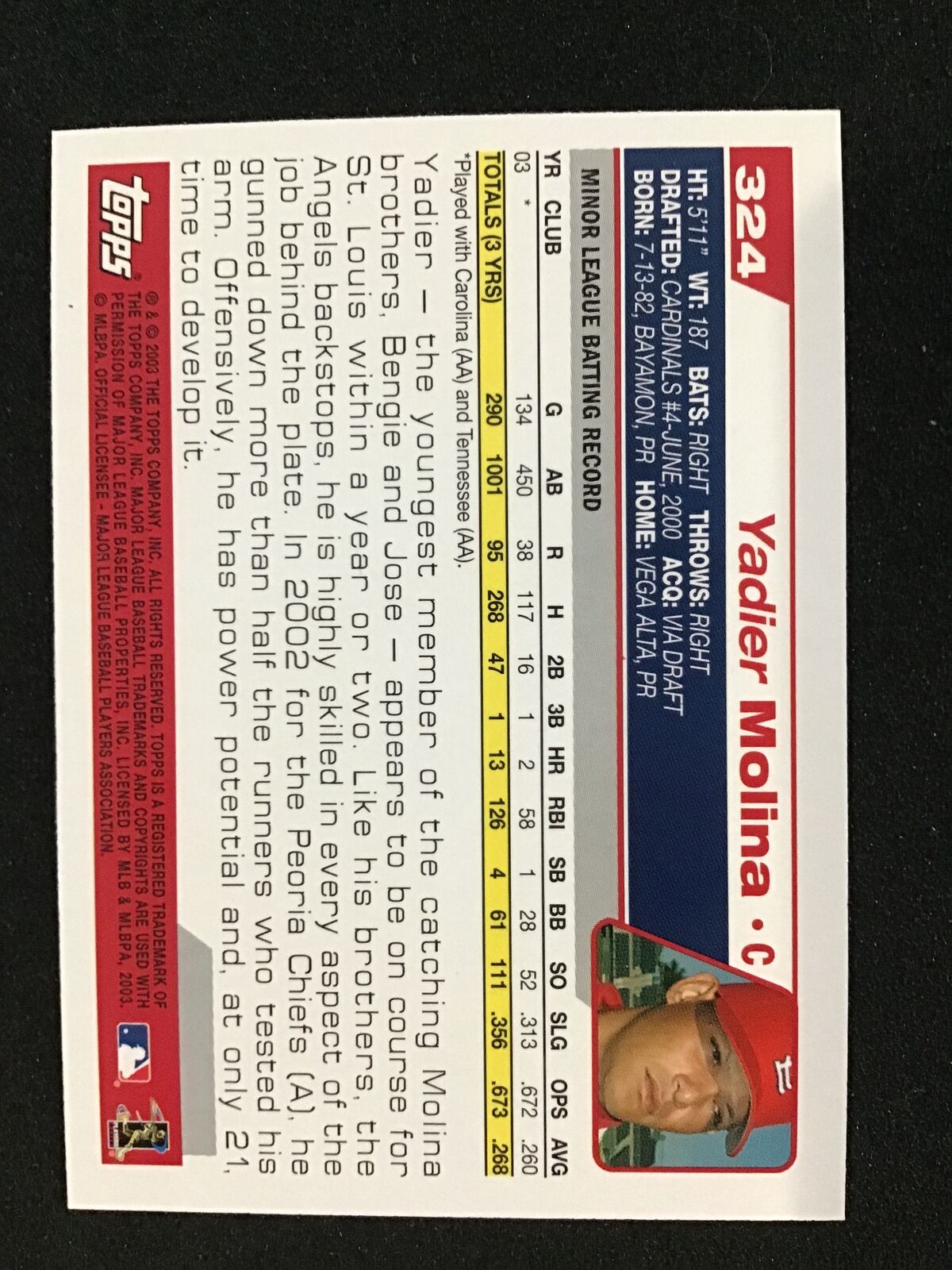 Yadier Molina 2004 Topps 324 RC Rookie - St. Louis Cardinals - Columbia Hobby - Sports Card Boxes - Toploaders - Card Savers