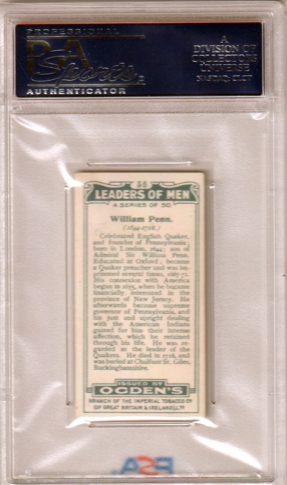 1924 Ogden's LTD William Penn Leaders of Men #36 Graded PSA 6 EX - MT - Columbia Hobby - Sports Card Boxes - Toploaders - Card Savers