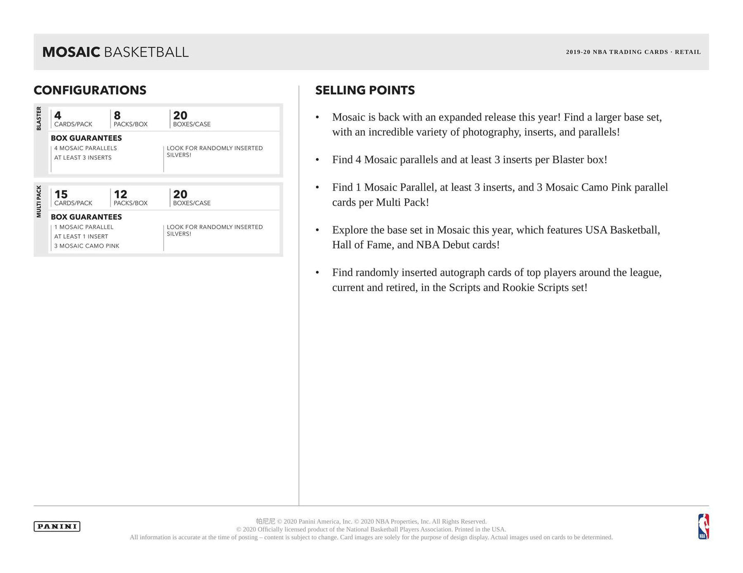 2019 - 20 Panini Mosaic Basketball 8 - Pack Blaster Box - Columbia Hobby - Sports Card Boxes - Toploaders - Card Savers