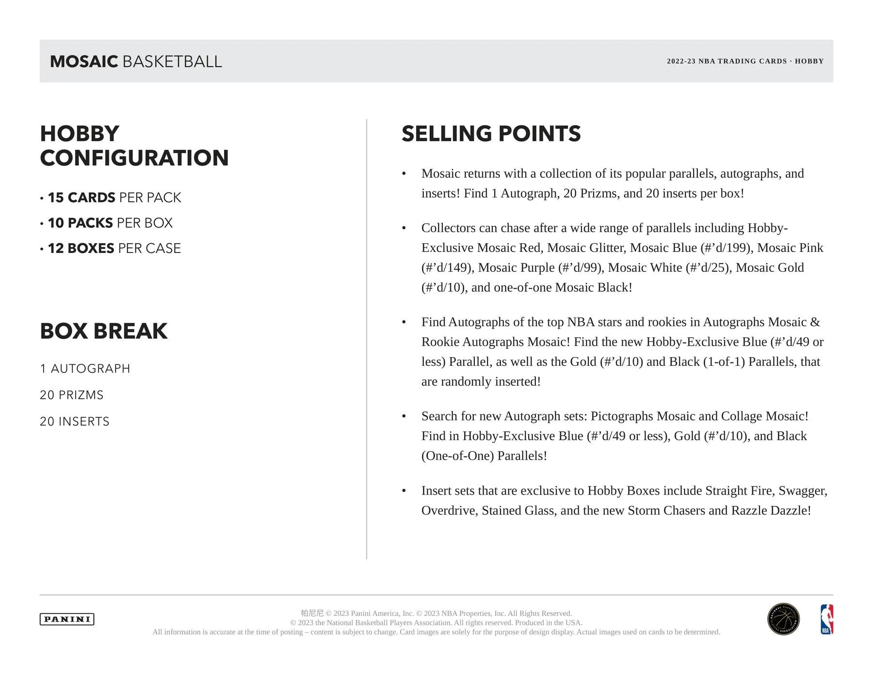 2022 - 23 Panini Mosaic Basketball Hobby Box - Columbia Hobby - Sports Card Boxes - Toploaders - Card Savers