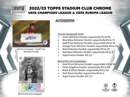 2022 - 23 Topps Stadium Club Chrome UEFA Club Competitions Soccer Hobby Box - Columbia Hobby - Sports Card Boxes - Toploaders - Card Savers