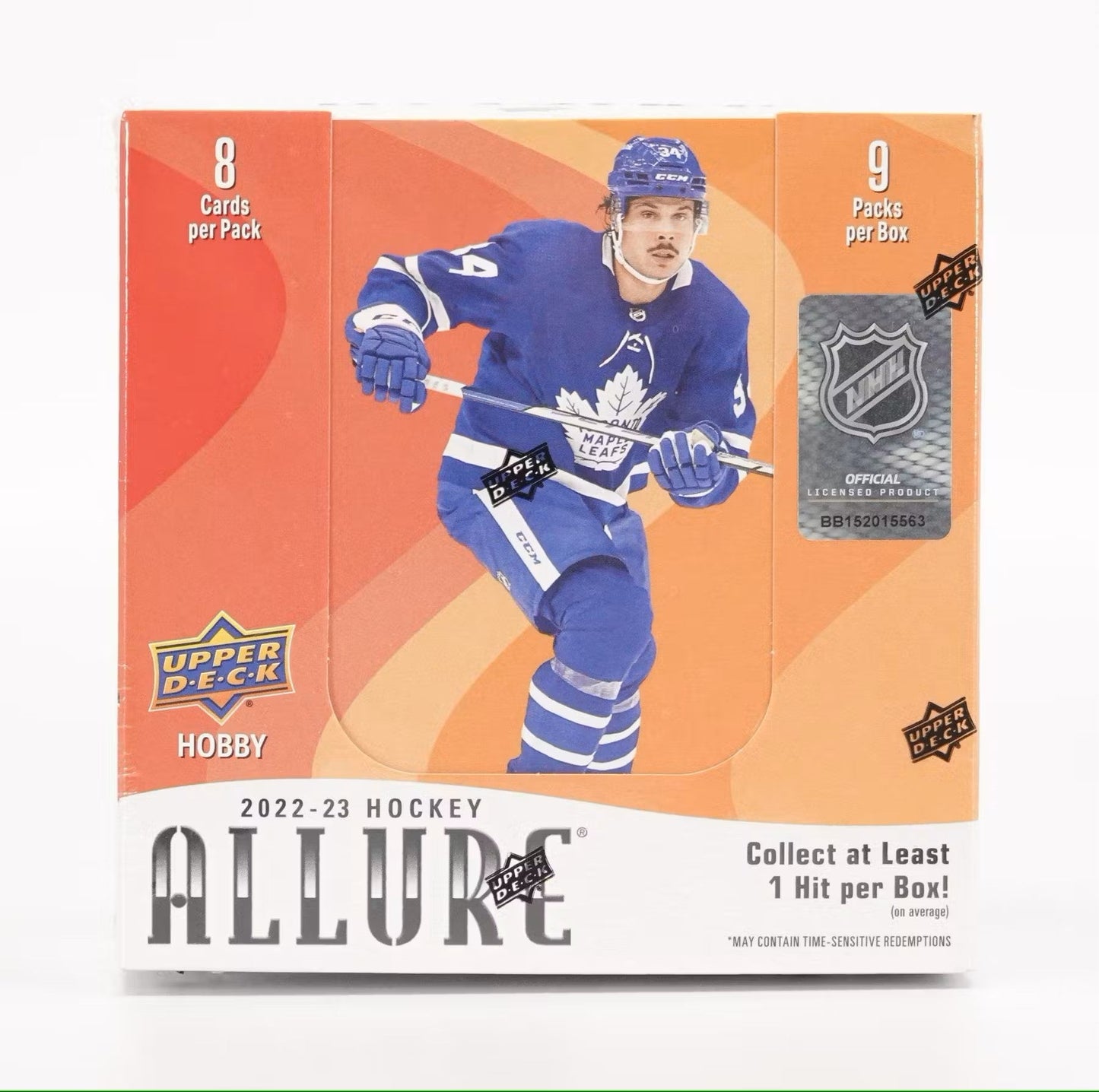 2022/23 Upper Deck Allure Hockey Hobby Box packaging | Columbia Sports Cards

2022/23 Upper Deck Allure Hockey Color Flow rainbow insert cards | Columbia Sports Cards

2022/23 Allure Hockey Quartz die-cut insert card example | Columbia Sports Cards

2022/23 Upper Deck Allure Hockey Orange Slice parallel rookie card | Columbia Sports Cards

2022/23 Allure Hockey Autograph Memorabilia card example | Columbia Sports Cards