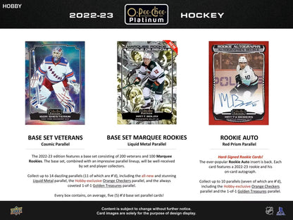 2022 - 23 Upper Deck O - Pee - Chee Platinum Hockey Hobby Box - Columbia Hobby - Sports Card Boxes - Toploaders - Card Savers