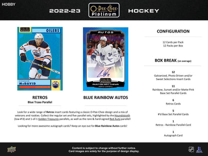 2022 - 23 Upper Deck O - Pee - Chee Platinum Hockey Hobby Box - Columbia Hobby - Sports Card Boxes - Toploaders - Card Savers