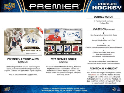 2022 - 23 Upper Deck Premier Hockey Hobby Box - Columbia Hobby - Sports Card Boxes - Toploaders - Card Savers