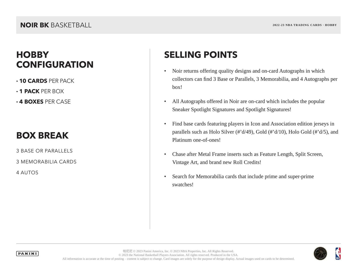 2022/23 Panini Noir Basketball Hobby Box - Columbia Hobby - Sports Card Boxes - Toploaders - Card Savers