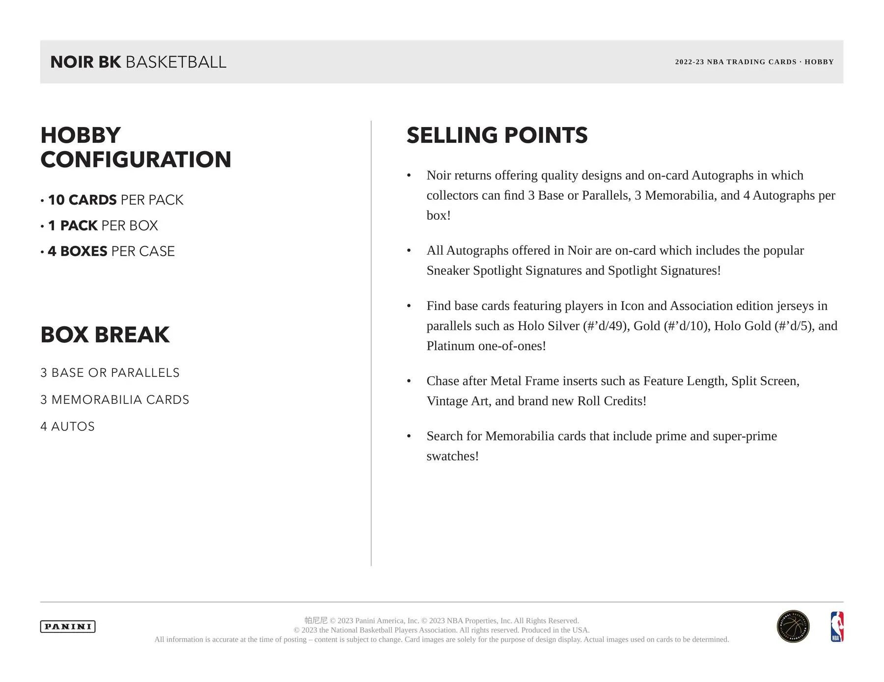 2022/23 Panini Noir Basketball Hobby Box - Columbia Hobby - Sports Card Boxes - Toploaders - Card Savers