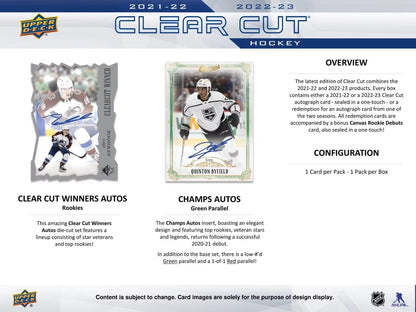 2022/23 Upper Deck Clear Cut Hockey Hobby Box - Columbia Hobby - Sports Card Boxes - Toploaders - Card Savers