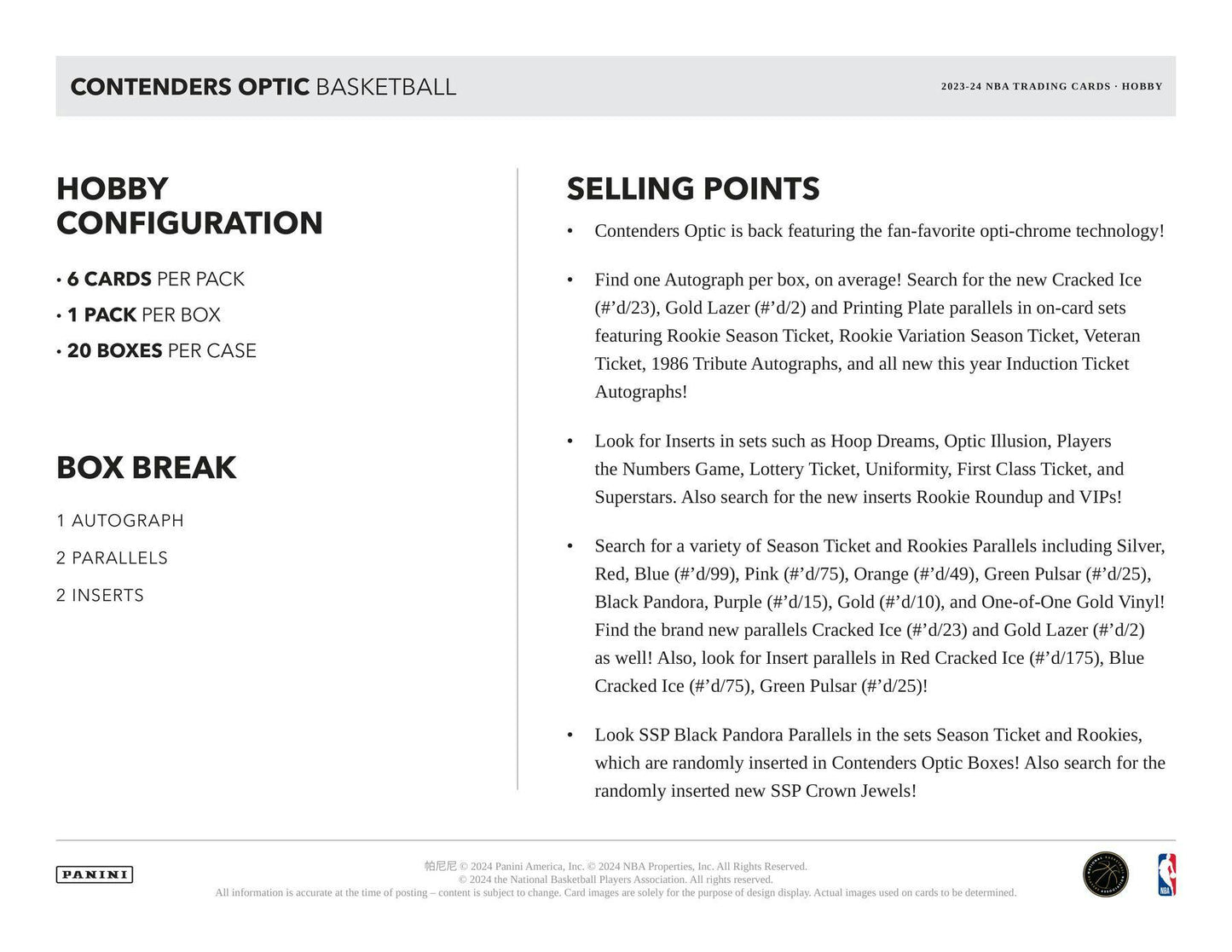 2023 - 24 Panini Contenders Optic Basketball Hobby Box - Columbia Hobby - Sports Card Boxes - Toploaders - Card Savers
