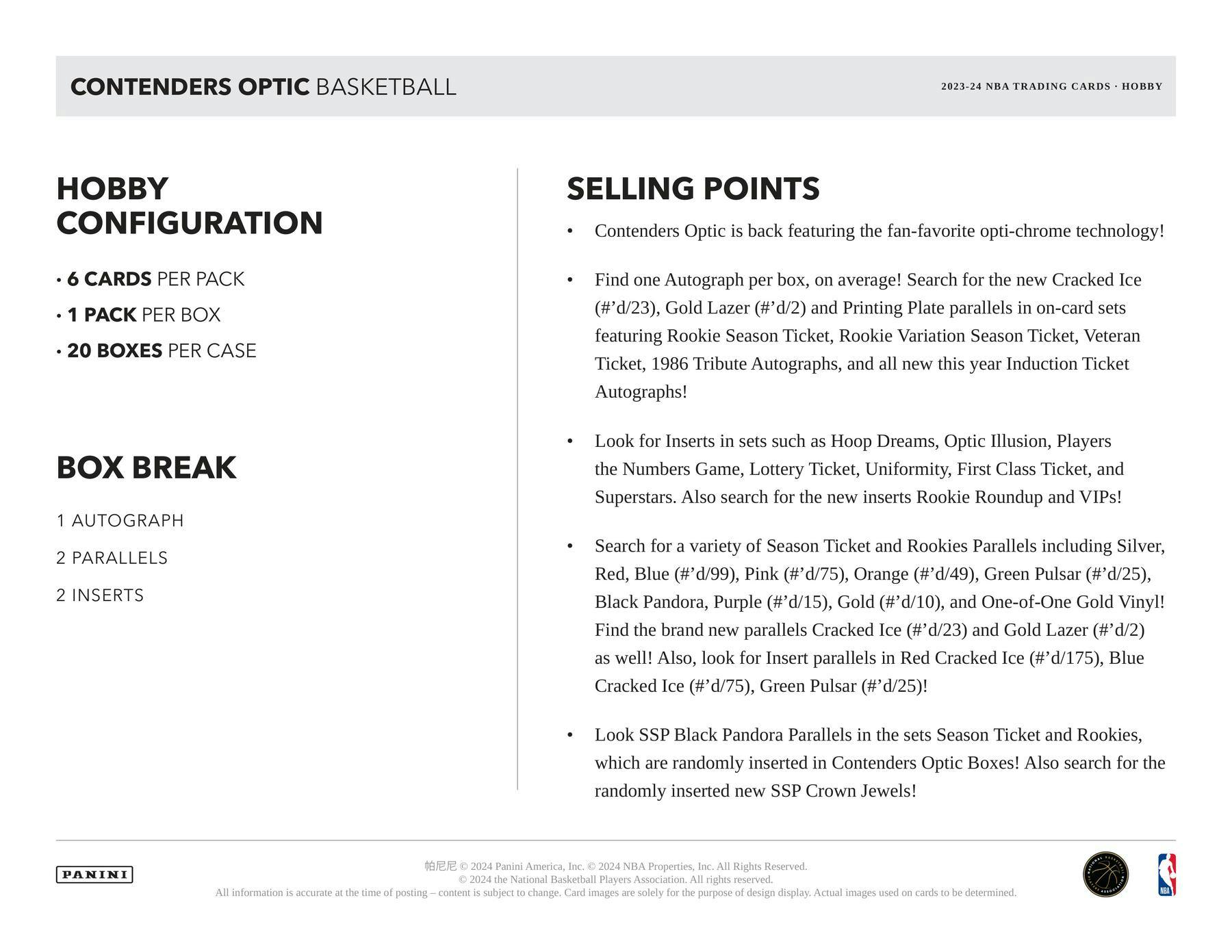 2023 - 24 Panini Contenders Optic Basketball Hobby Box - Columbia Hobby - Sports Card Boxes - Toploaders - Card Savers