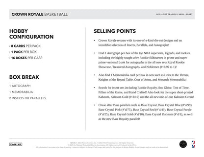 2023 - 24 Panini Crown Royale NBA Basketball Hobby Box - Columbia Hobby - Sports Card Boxes - Toploaders - Card Savers