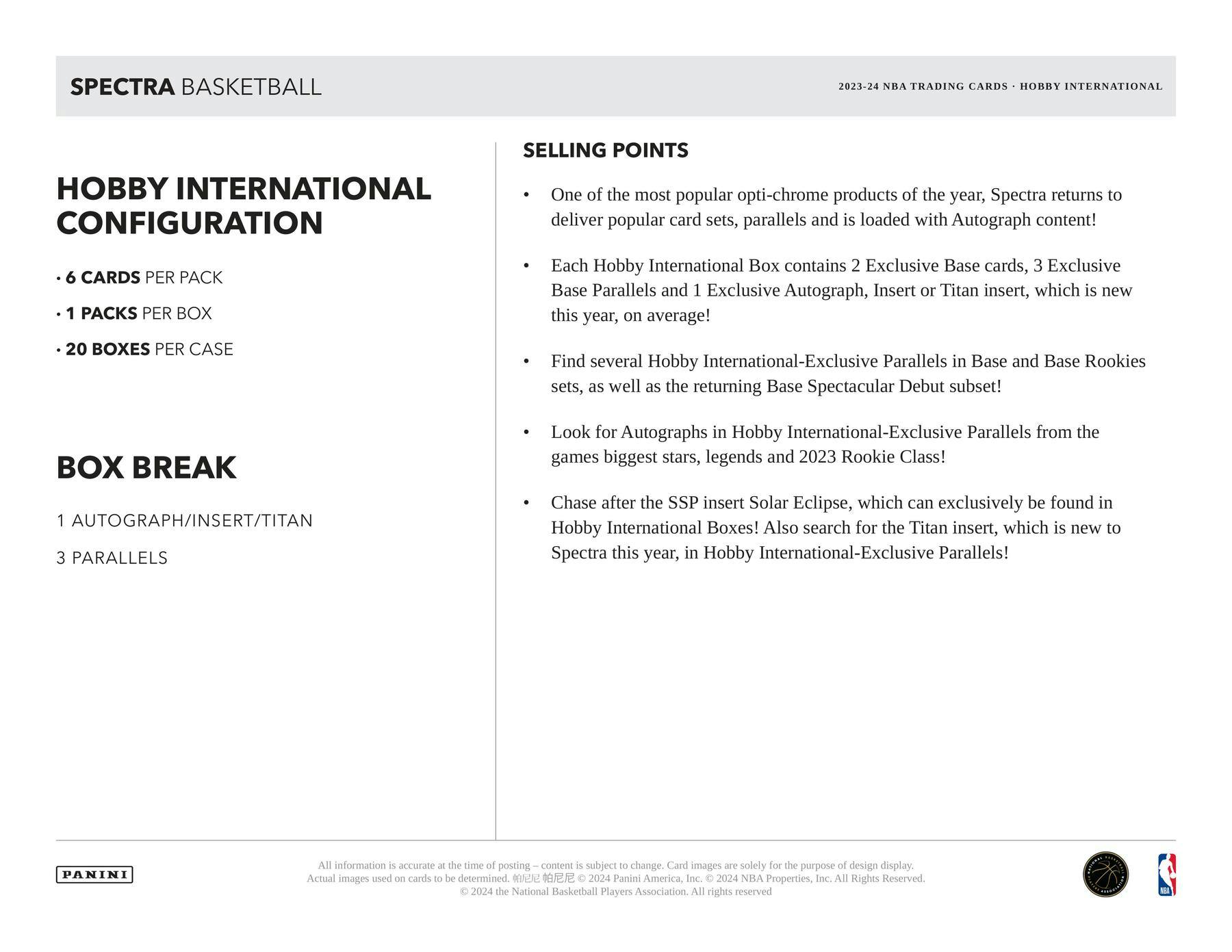 2023 - 24 Panini Spectra Basketball International Hobby Box - Columbia Hobby - Sports Card Boxes - Toploaders - Card Savers