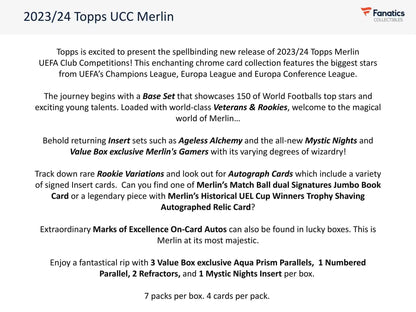 2023 - 24 Topps Chrome Merlin UEFA Club Competitions Soccer 7 - Pack Blaster Box - Columbia Hobby - Sports Card Boxes - Toploaders - Card Savers