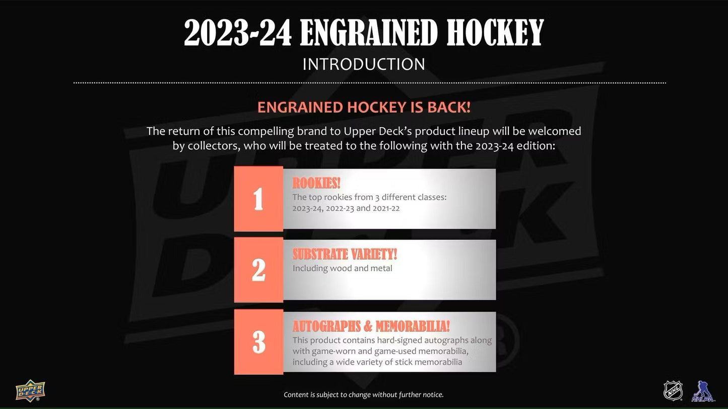 2023 - 24 Upper Deck Engrained Hockey Hobby Box - Columbia Hobby - Sports Card Boxes - Toploaders - Card Savers