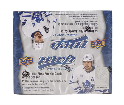 2023/24 Upper Deck MVP Hockey Retail 36-Pack Box packaging | Columbia Sports Cards

2023/24 Upper Deck MVP Hockey Alternate Threads insert card example | Columbia Sports Cards

2023/24 Upper Deck MVP Hockey Ice Reps insert with team captain and mascot | Columbia Sports Cards

2023/24 Upper Deck MVP Hockey Stars of the Rink card example | Columbia Sports Cards